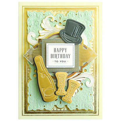 a happy birthday card with Handsome Cut and Emboss Folders and a top hat.