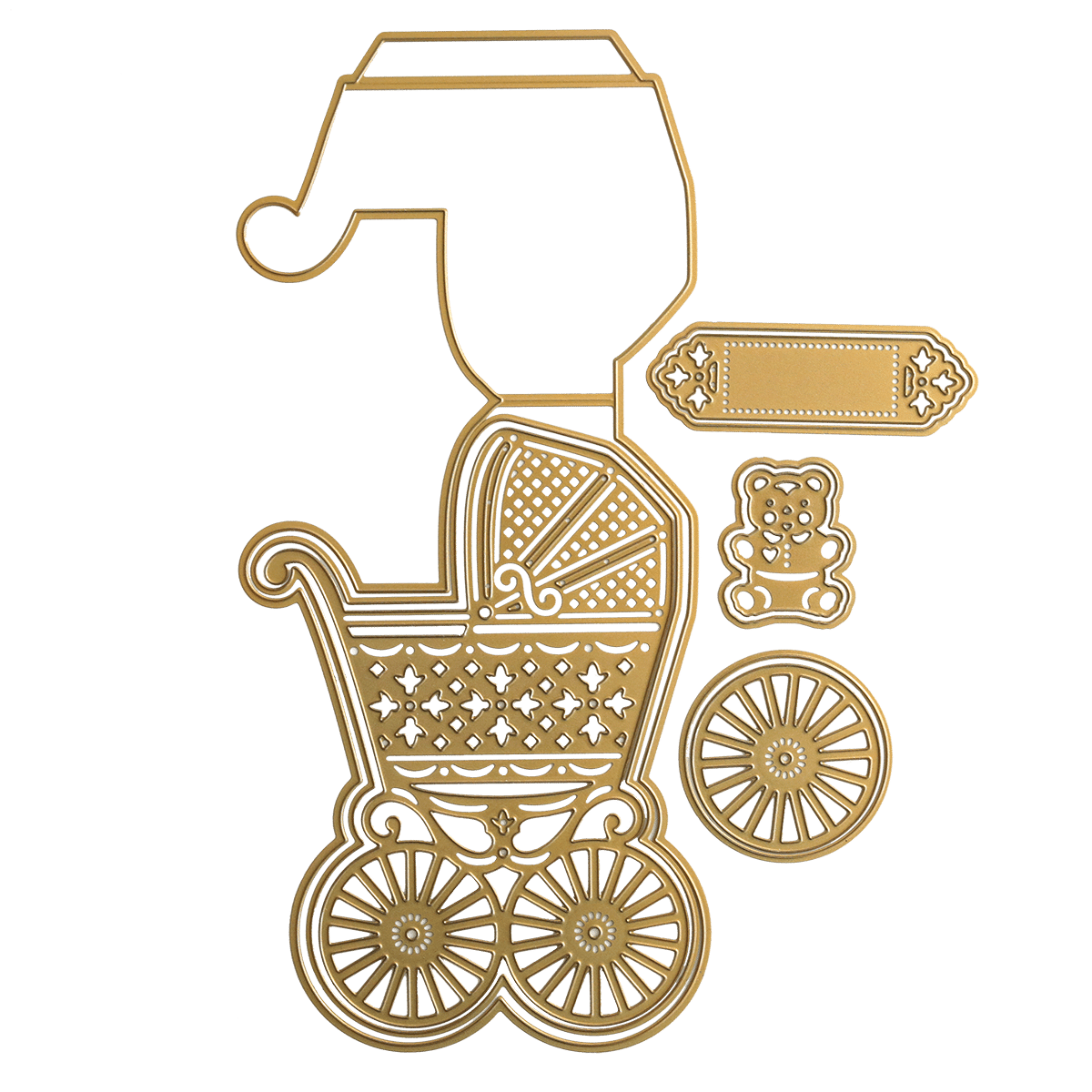 a golden baby carriage with a tag on it.