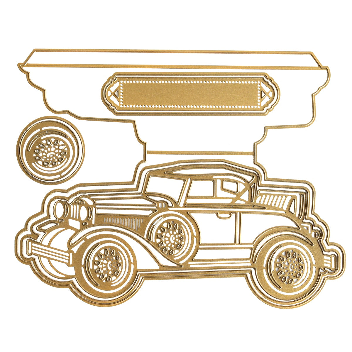 A drawing of a Classic Car Slimline Easel Dies with a gold finish.