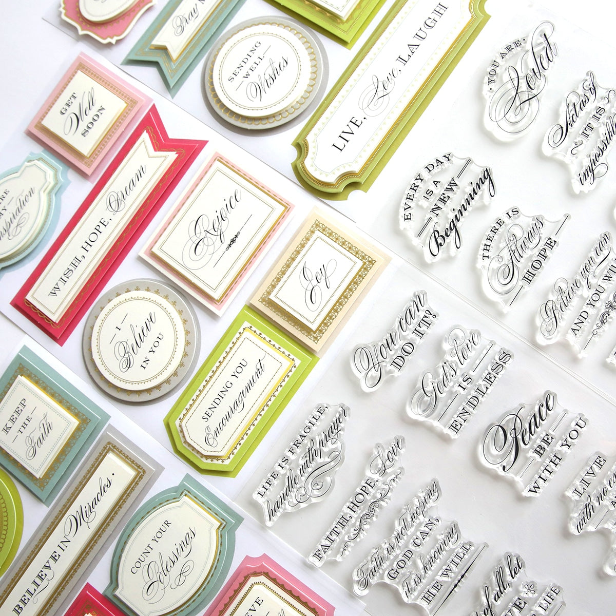 A close up of many different types of Inspirational Expressions Sentiments and Stamps.