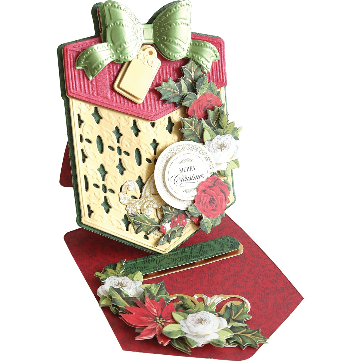 A Perfect Present Easel Die with holly and berries on it.