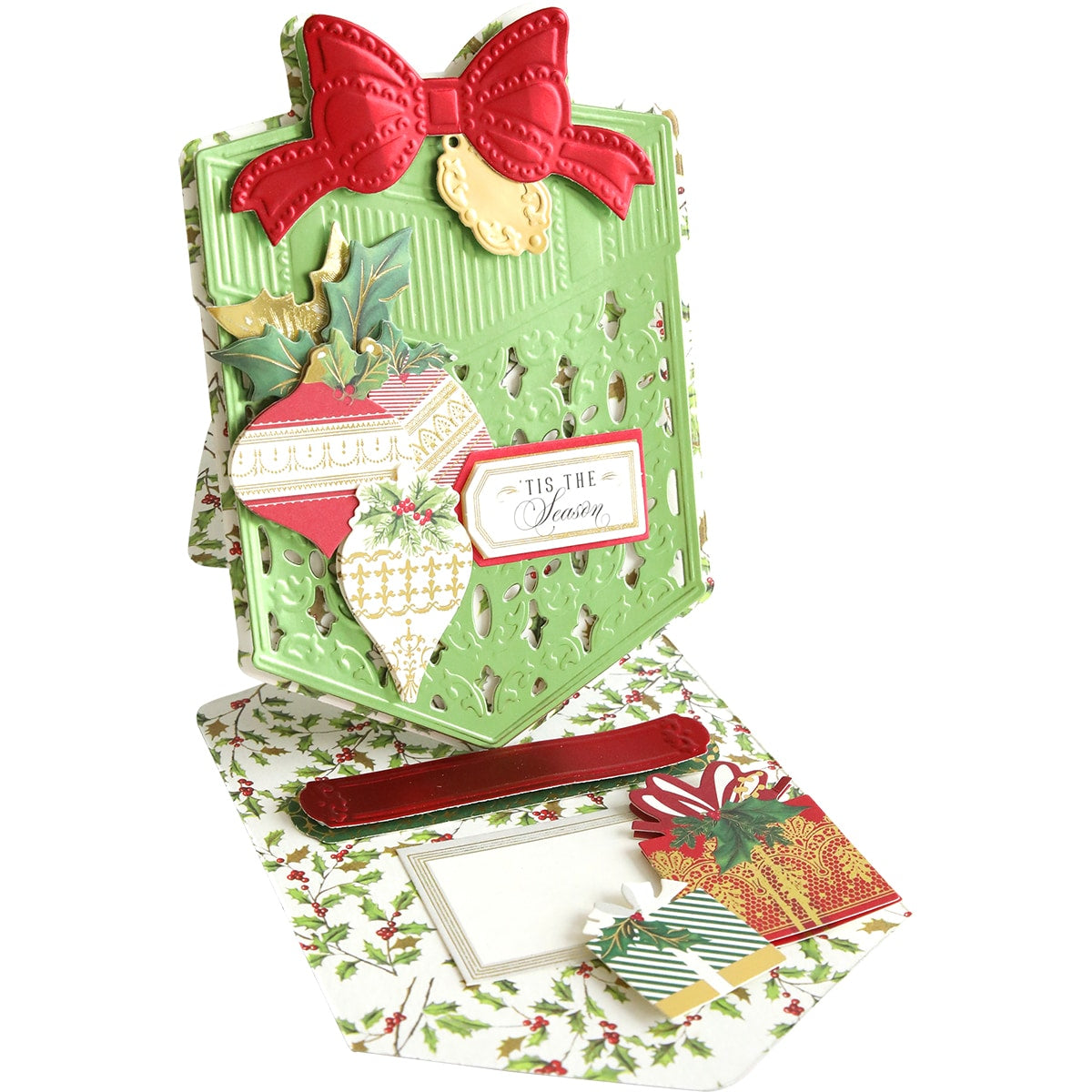A Christmas card with a Perfect Present Easel Die and decorations.