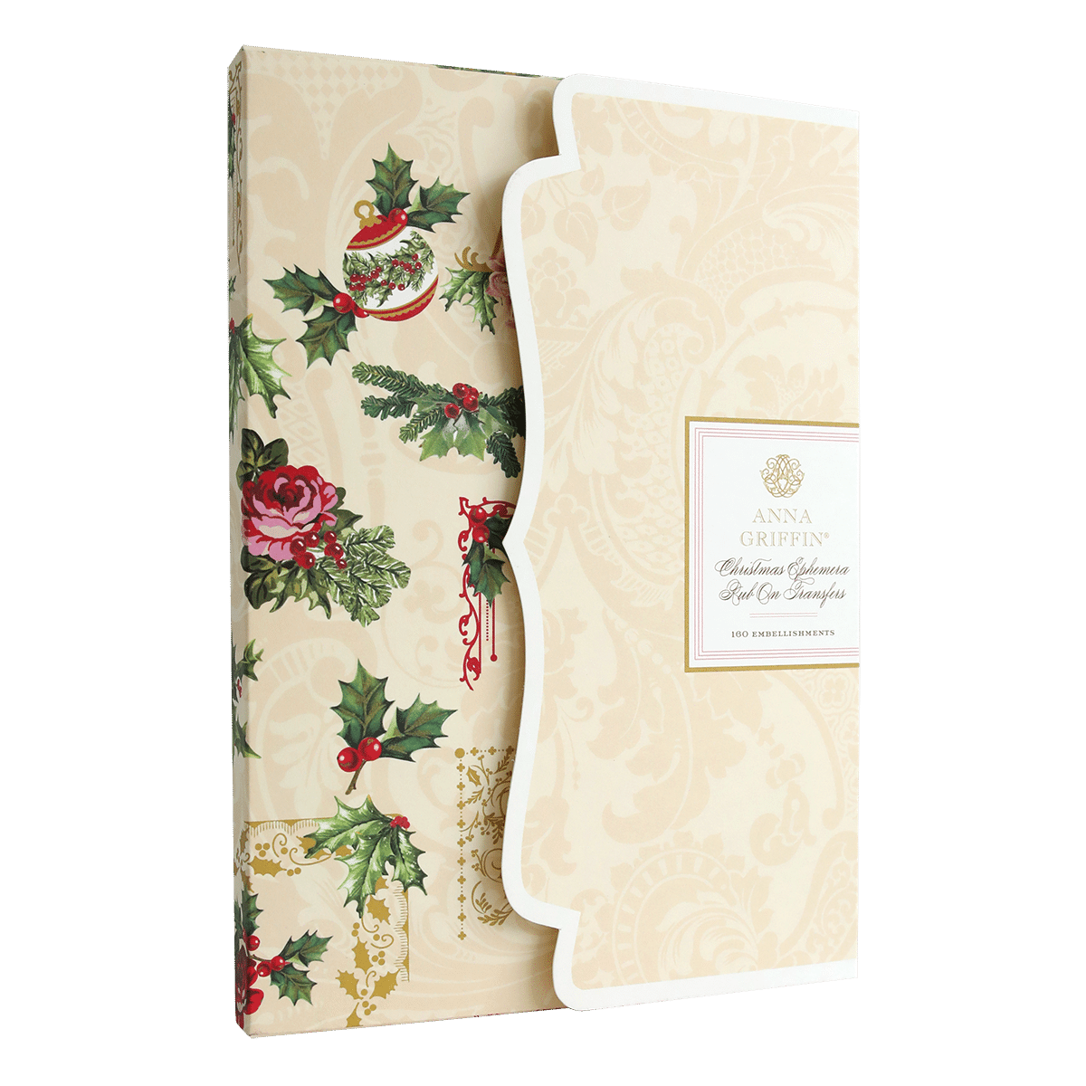 A beige Christmas Ephemera Rub Ons cover with holly leaves and holly berries.