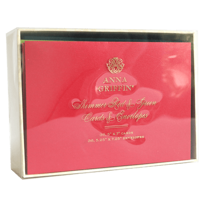a Shimmer Red Green Cards and Envelopes box with a gold label on it.