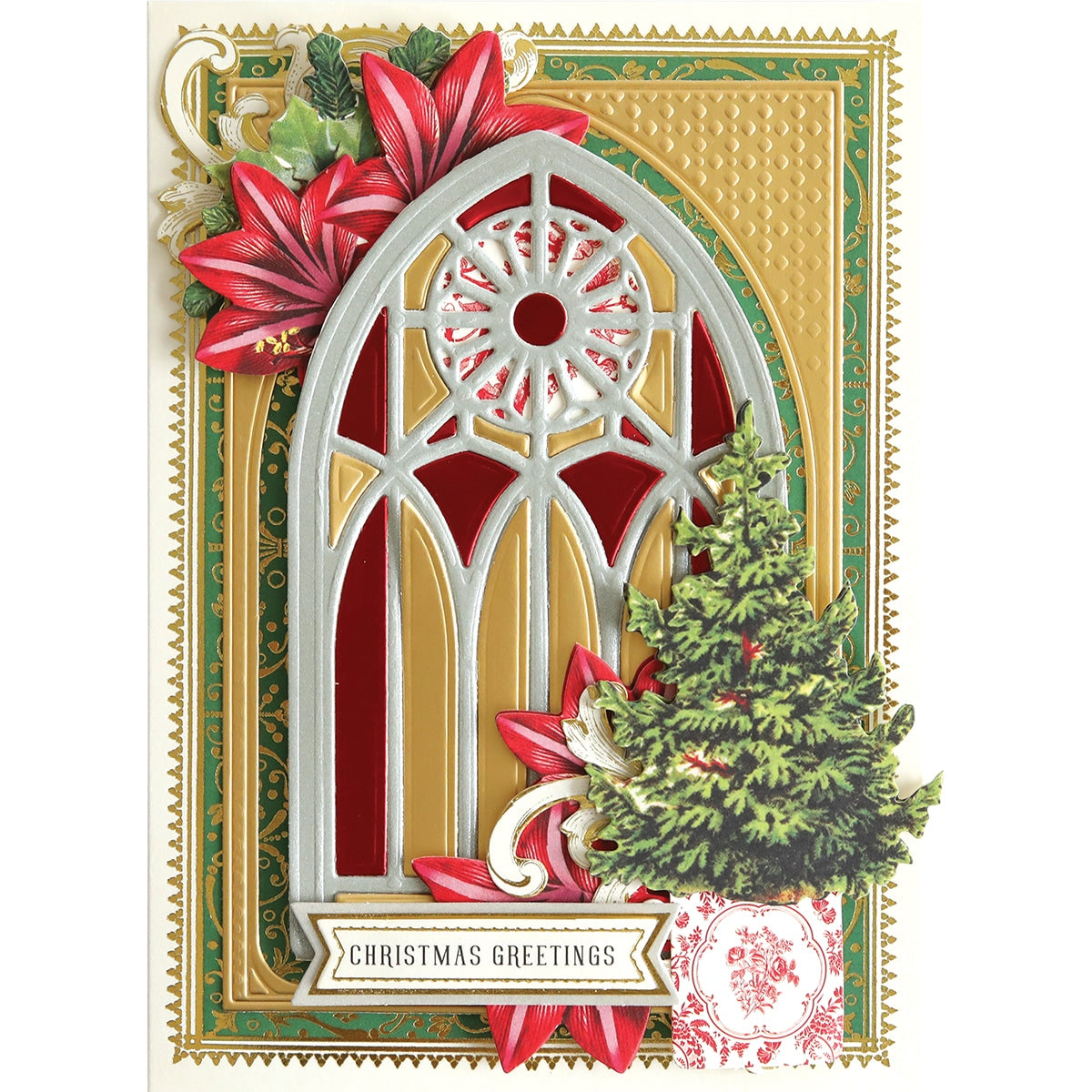 a Christmas Stained Glass Card Front 4x6 Dies with poinsettias.