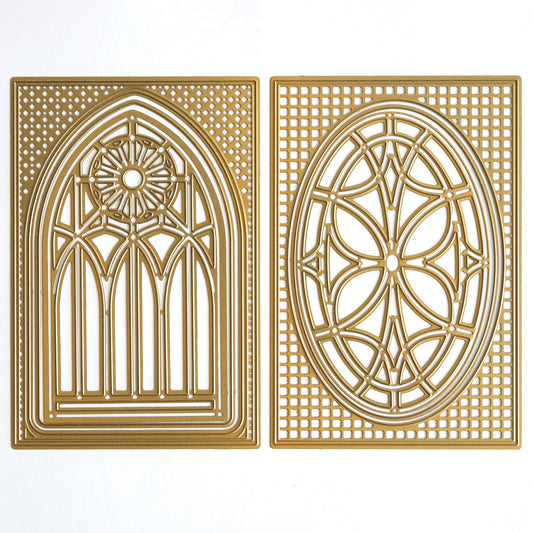 a pair of Stained Glass Card Front 4x6 Dies with ornate designs.