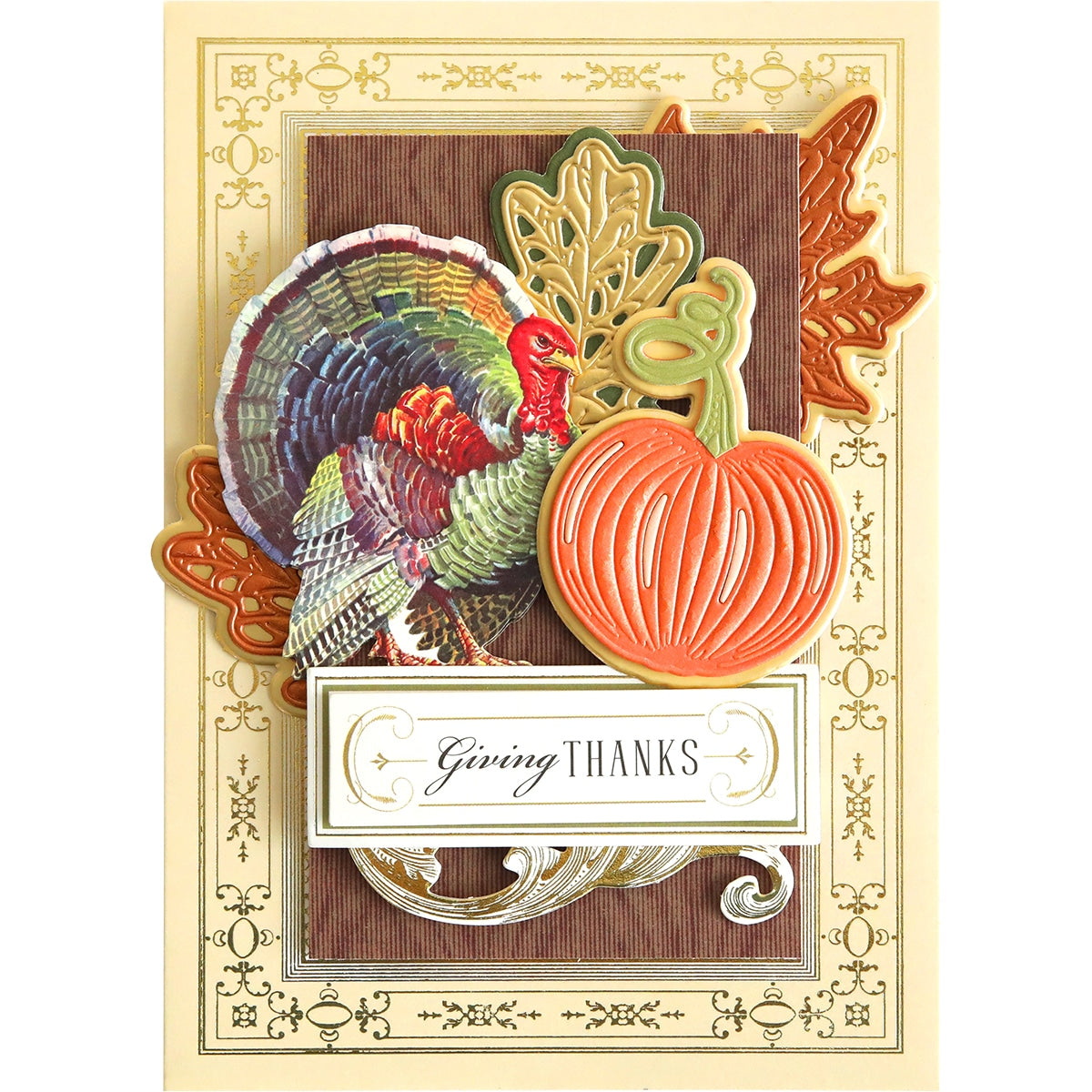 A thanksgiving card with a Mini 3D Pumpkin& Leaf Dies.