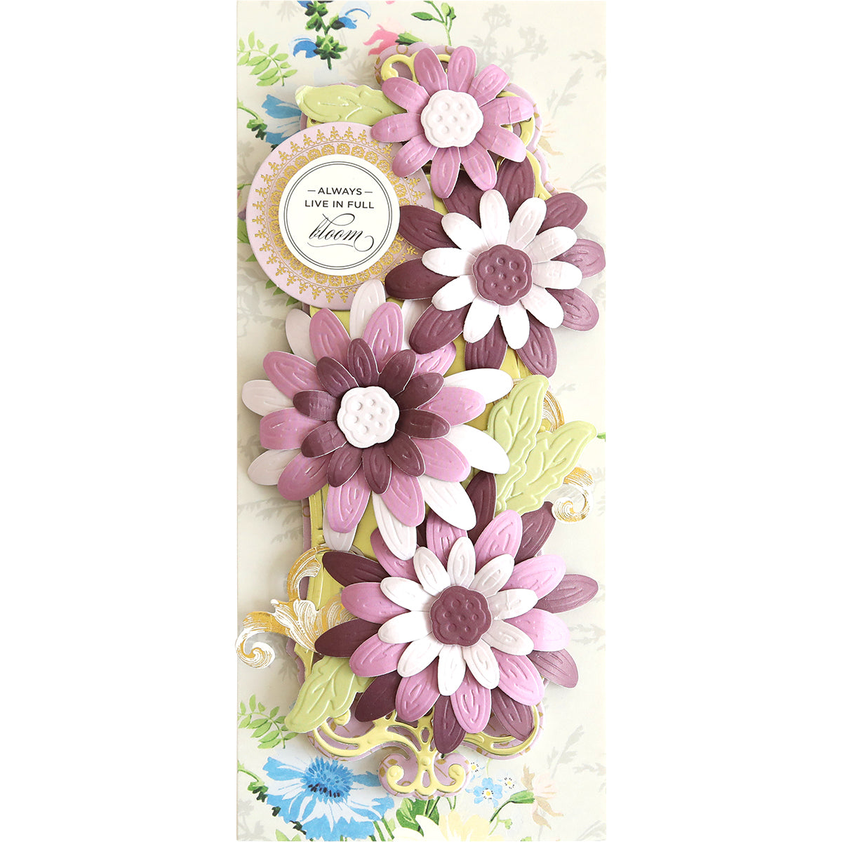 A Slimline Flower Cut and Emboss Folders card with purple and white flowers on it.