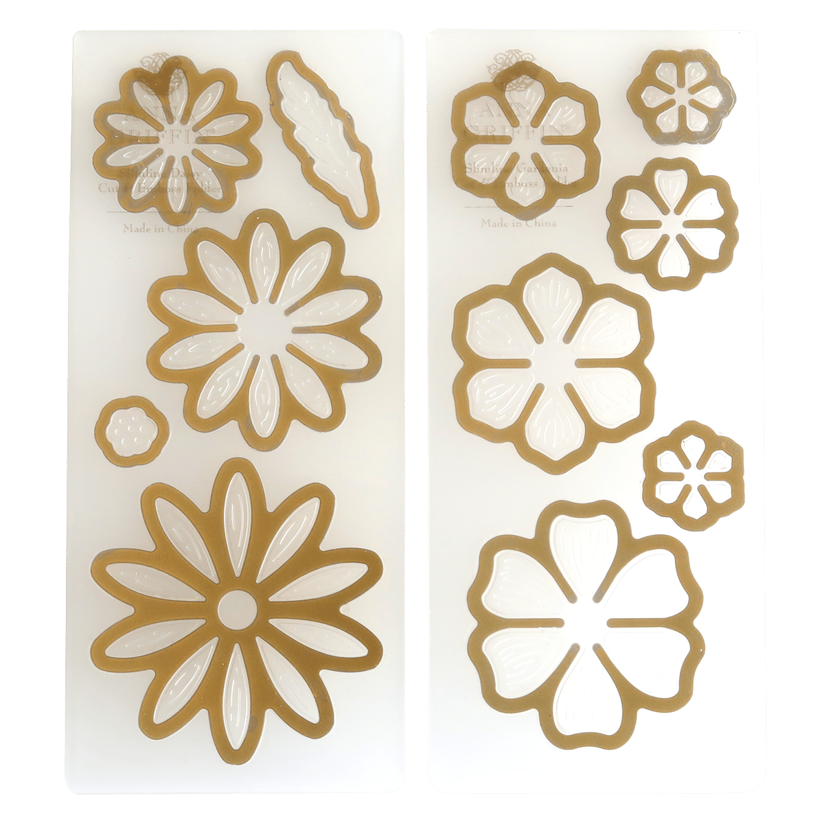A set of Slimline Flower Cut and Emboss Folders in gold and white.