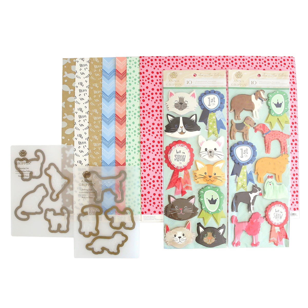 A set of Best in Show Cardstock, Embellishments and Embossing Folders with a dog on them.