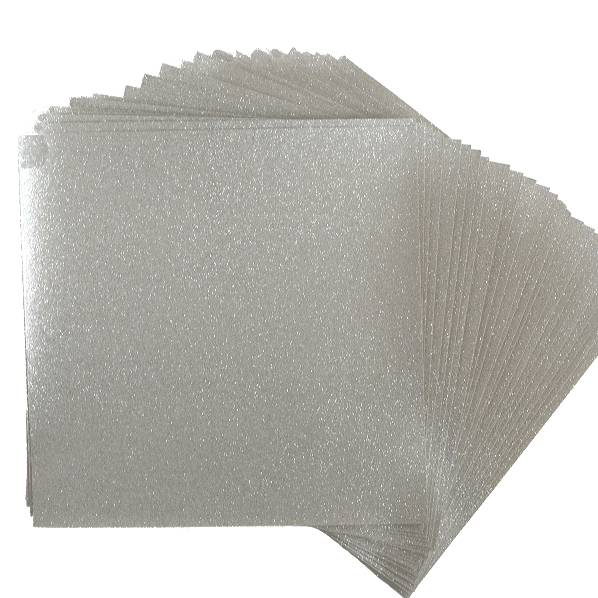 a stack of silver glitter paper on a white background.