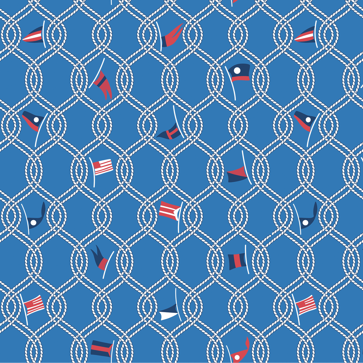 a blue background with white lines and red and white flags.