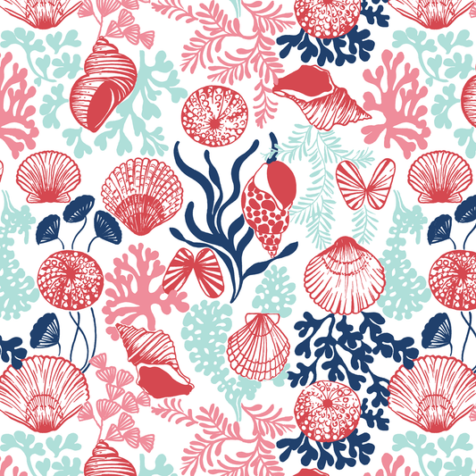 a pattern of corals and seaweed on a white background.