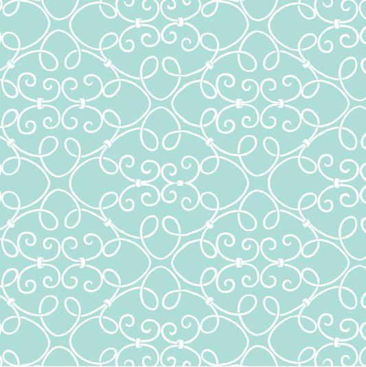 a blue and white background with swirls and hearts.