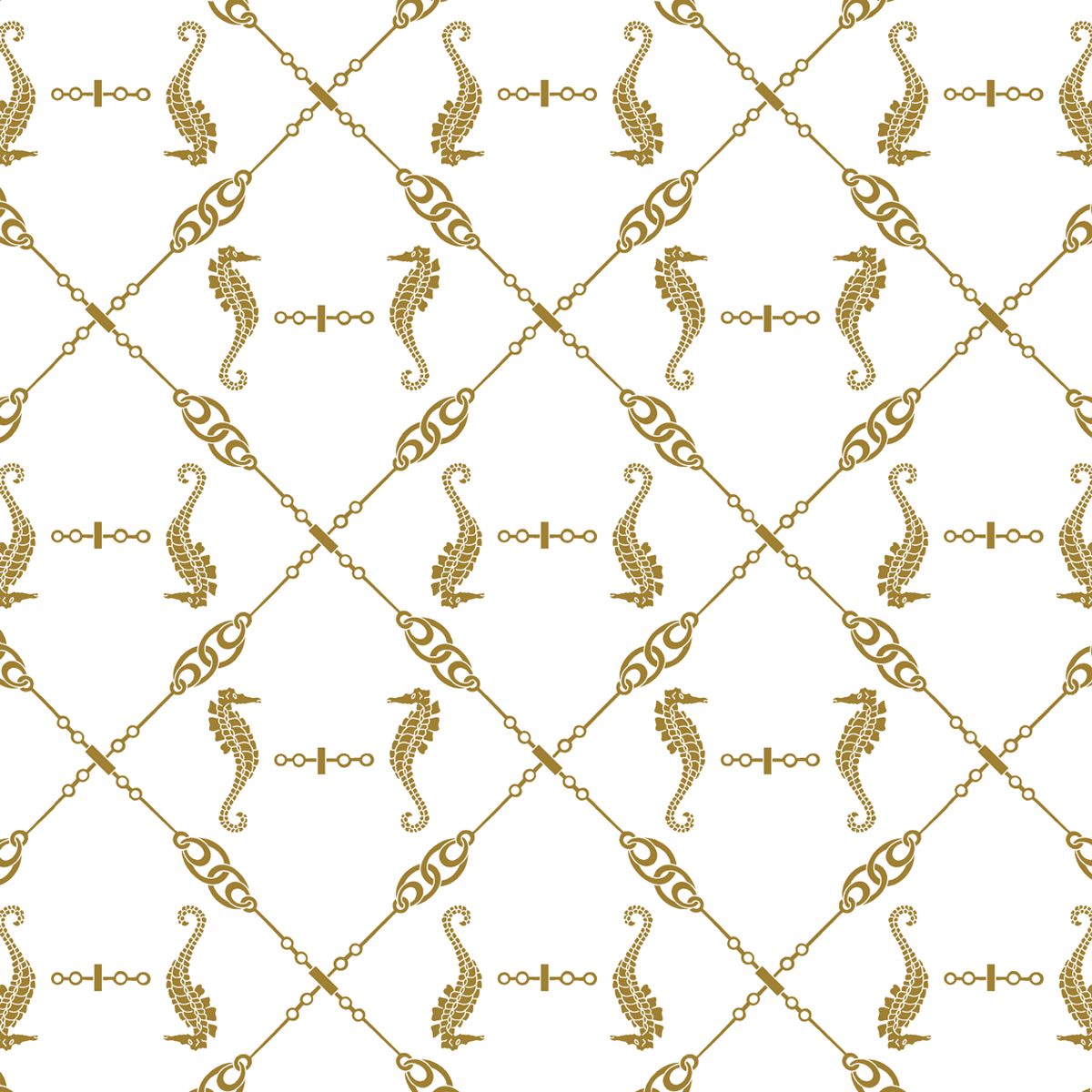 a gold and white pattern with a sea horse on it.