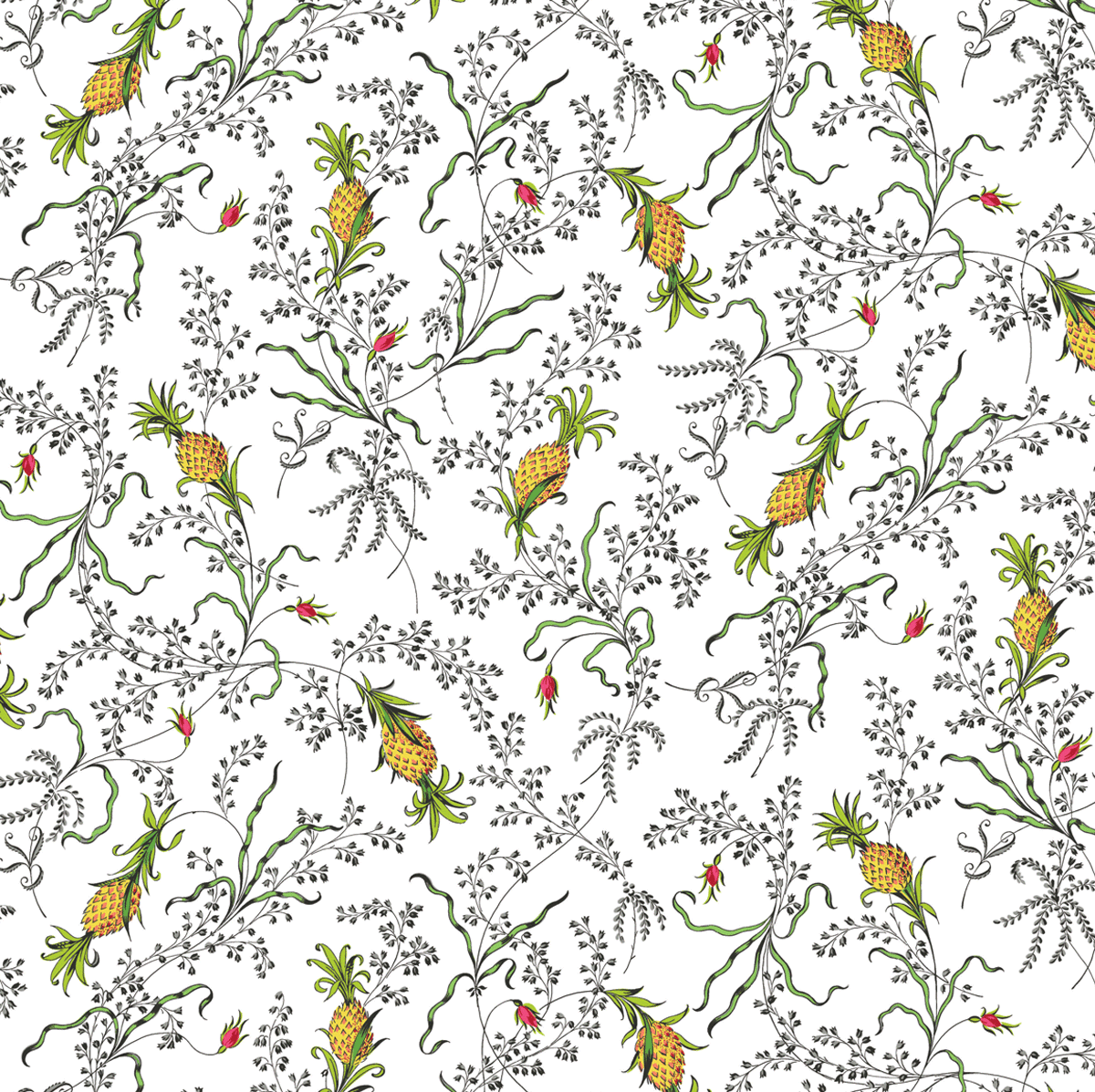 a pattern of flowers and leaves on a white background.