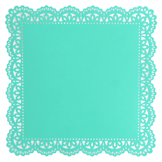 a light blue paper with a lacy border.