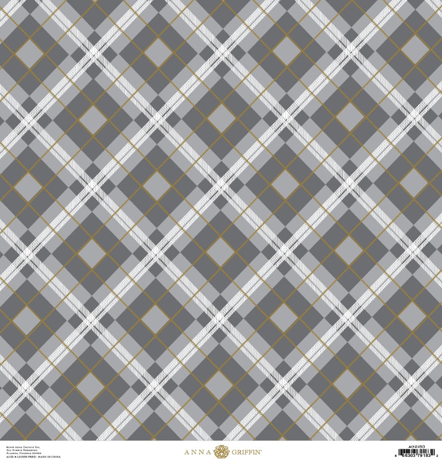a gray and white plaid pattern with gold accents.