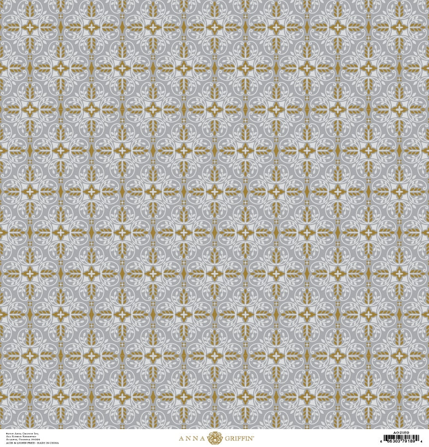 a gray and gold wallpaper with a pattern.