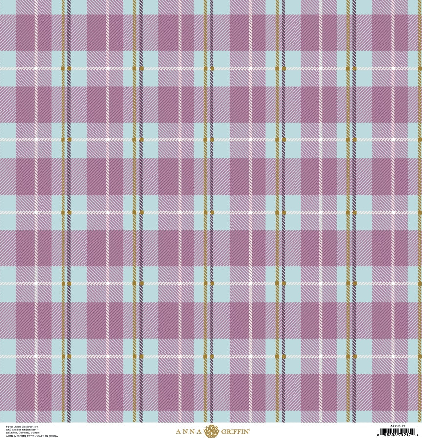 a pink and blue plaid pattern with gold trim.