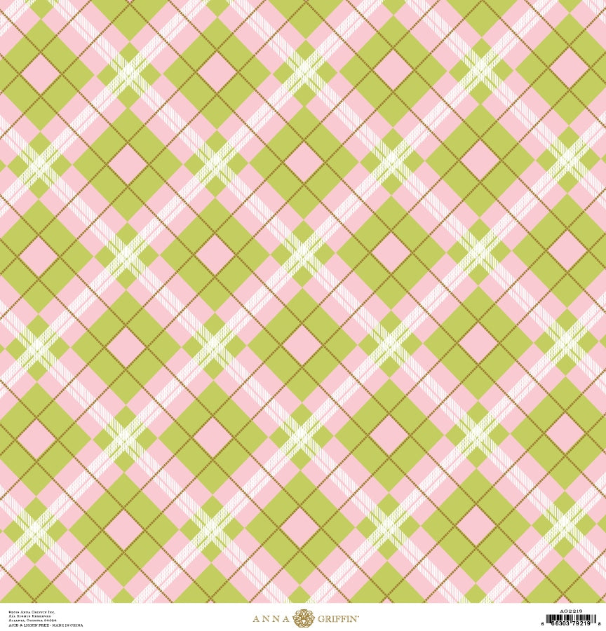 a green and pink plaid pattern with white lines.