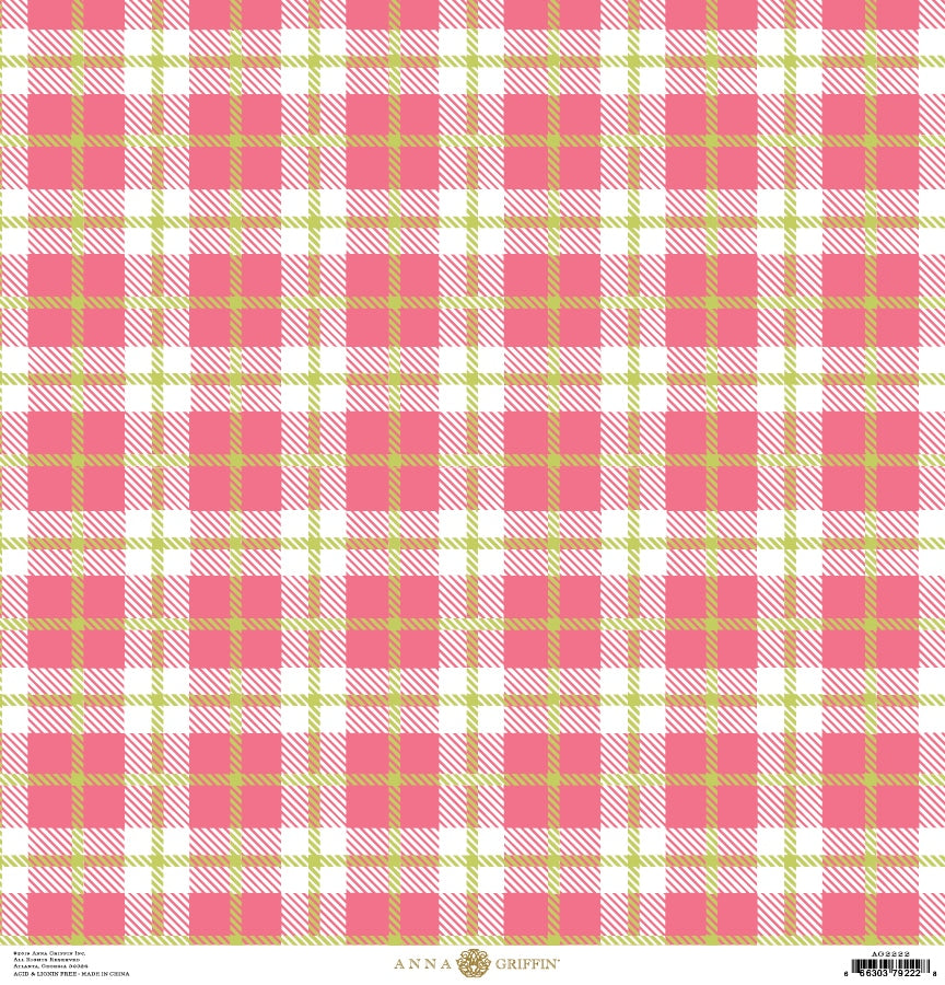 a pink and green plaid pattern with a white background.