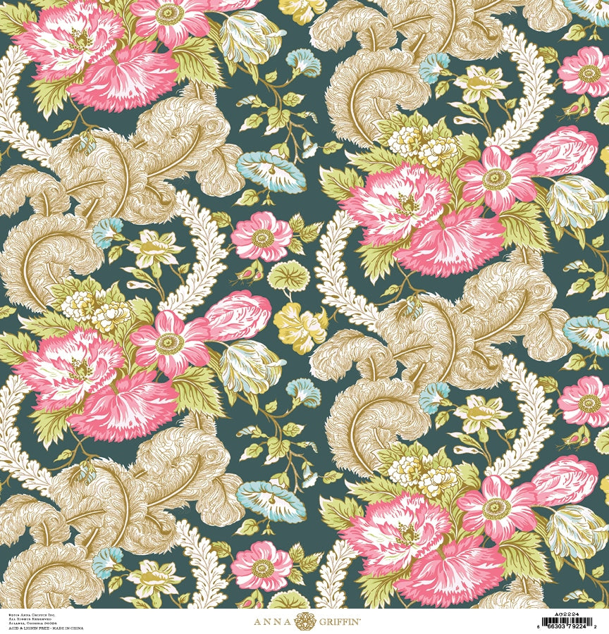 a floral wallpaper with pink flowers and green leaves.