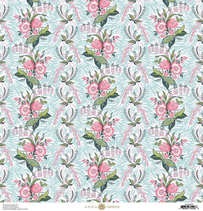 a blue and pink wallpaper with flowers on it.