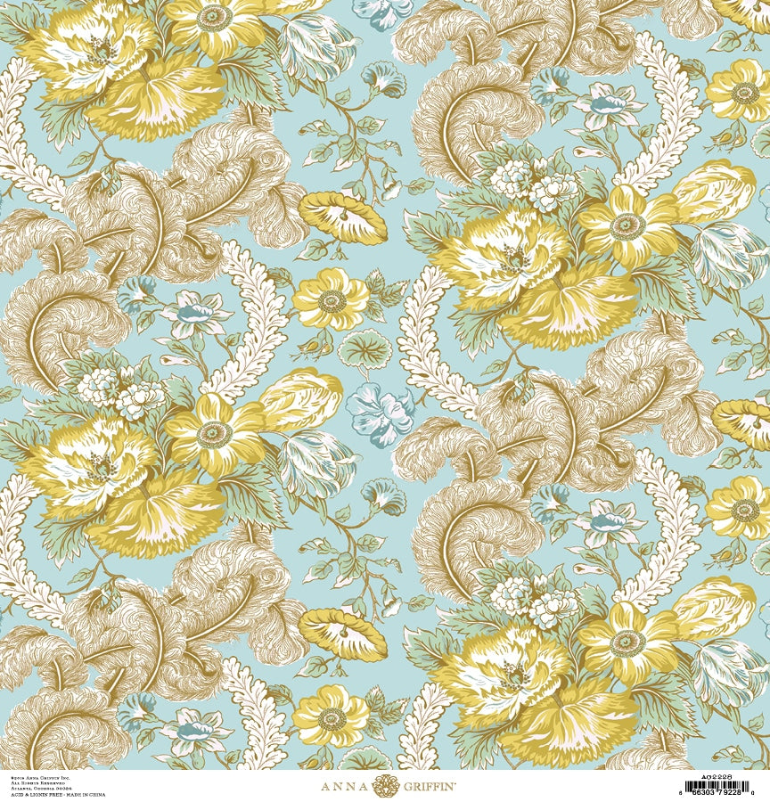 a blue and yellow wallpaper with flowers and leaves.