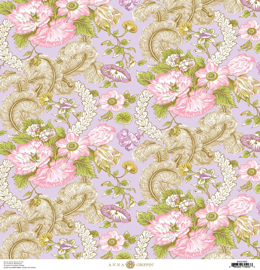 a pink and green floral pattern on a purple background.