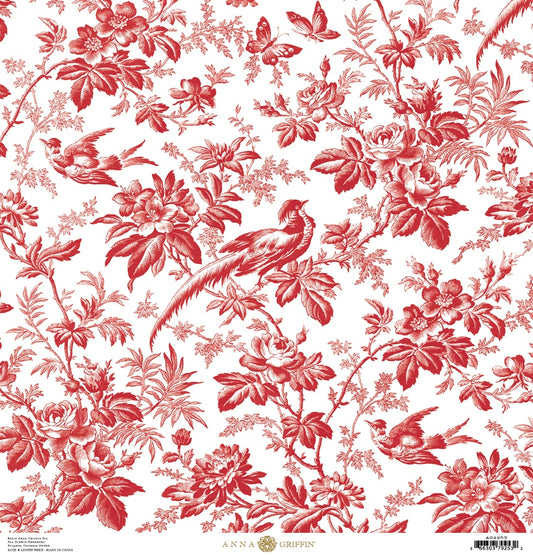 a red and white wallpaper with birds and flowers.