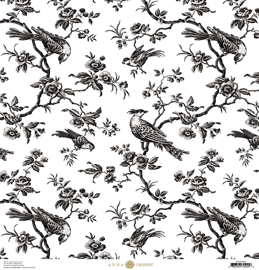 a black and white wallpaper with birds and flowers.