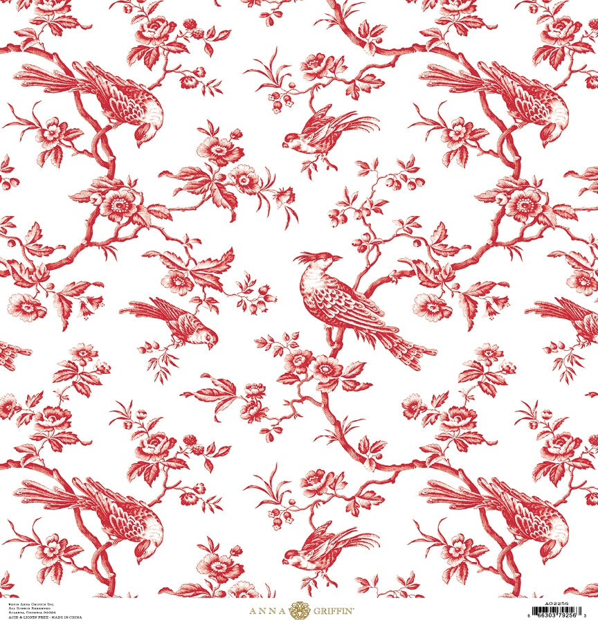 a red and white wallpaper with birds and flowers.