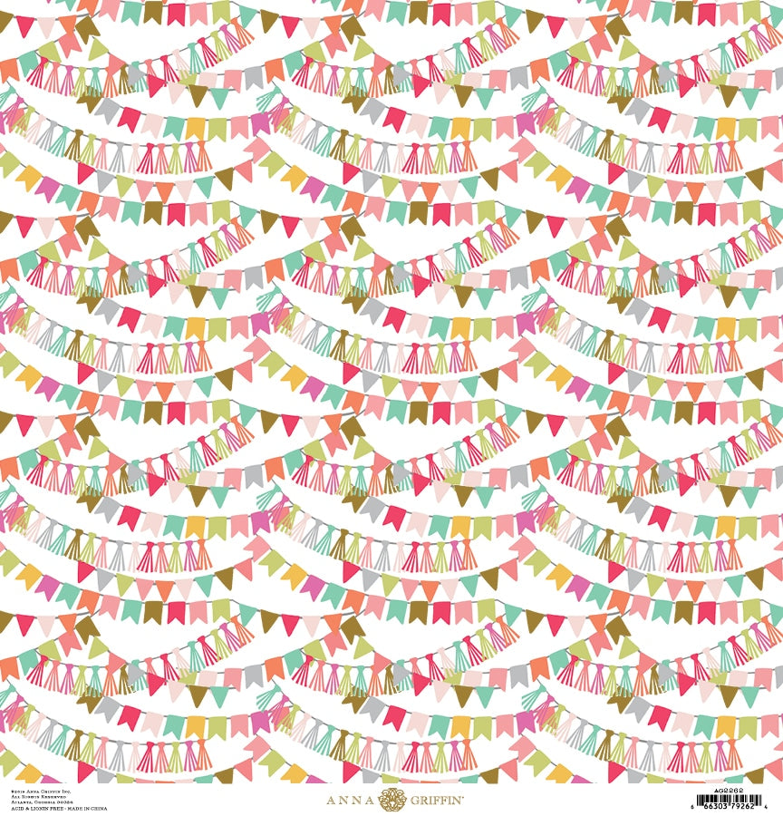 a multicolored pattern of bunting flags on a white background.