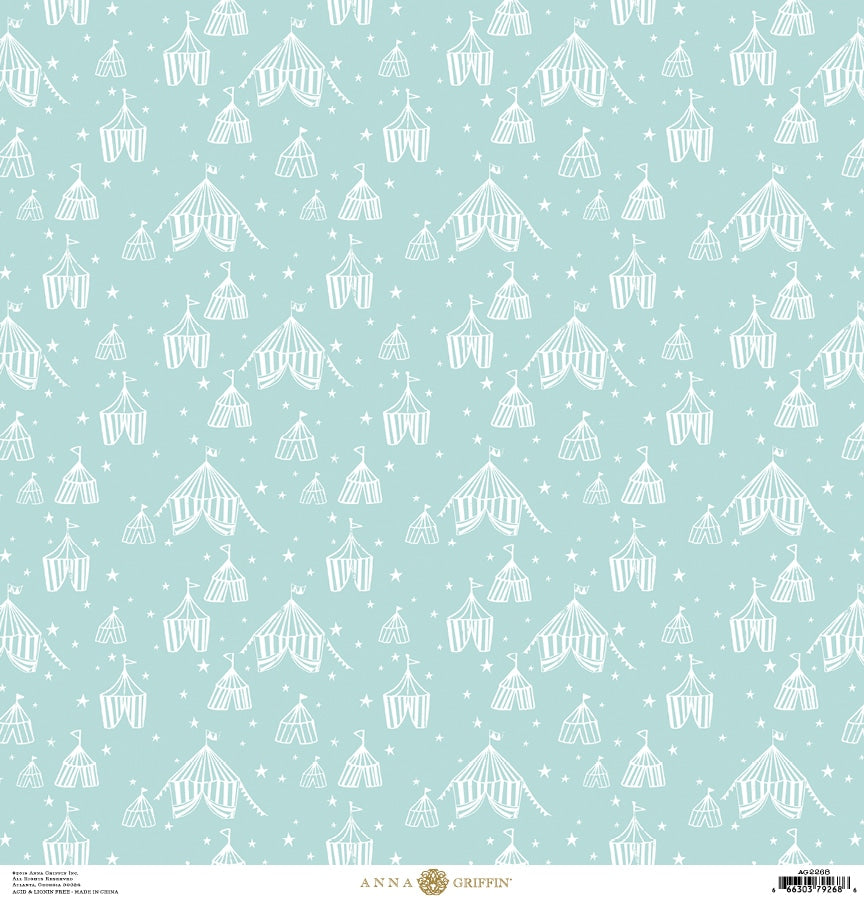 a blue and white wallpaper with tents and stars.