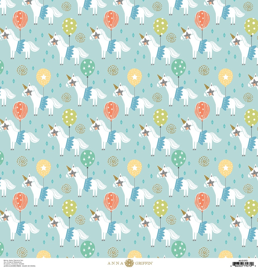 a pattern of unicorns and balloons on a blue background.