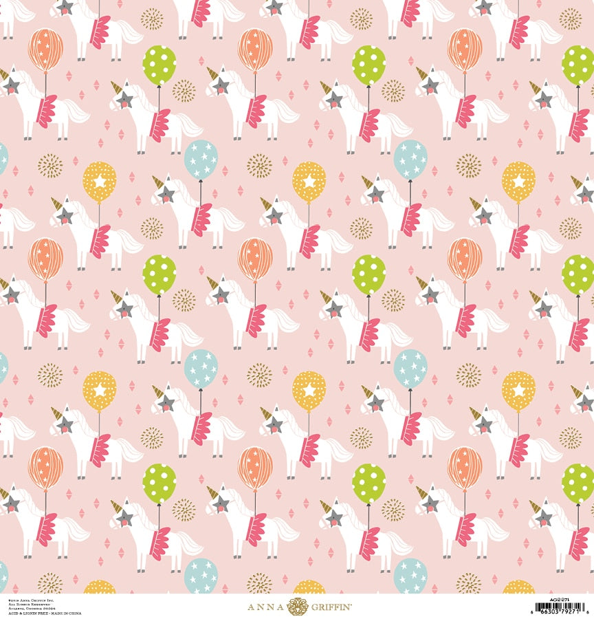 a pattern of unicorns and balloons on a pink background.