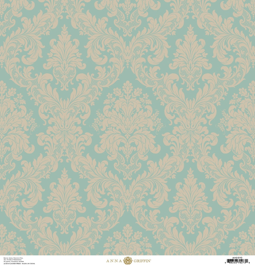 a blue and beige wallpaper with a floral design.