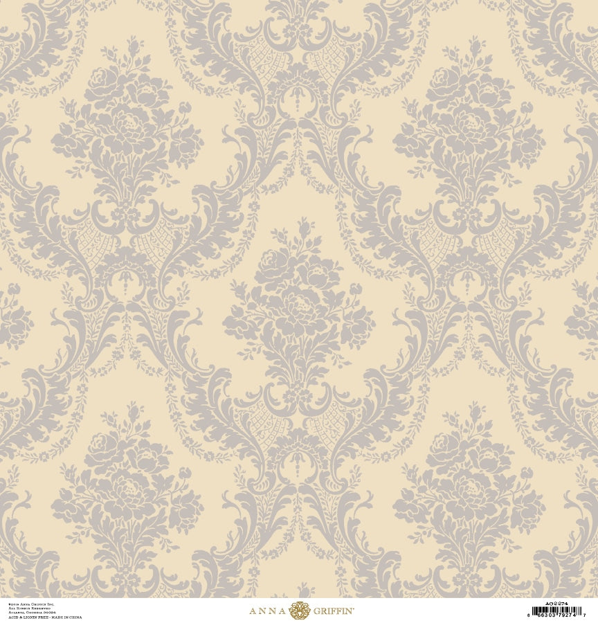 a beige and grey wallpaper with a floral design.