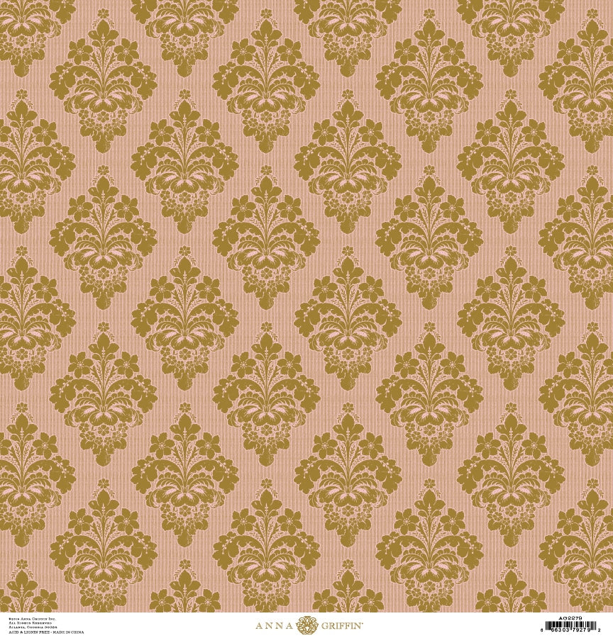 a pink and gold wallpaper with a floral design.