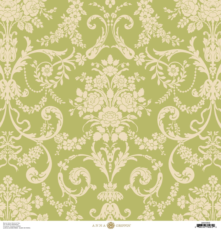 a green and white wallpaper with a floral design.