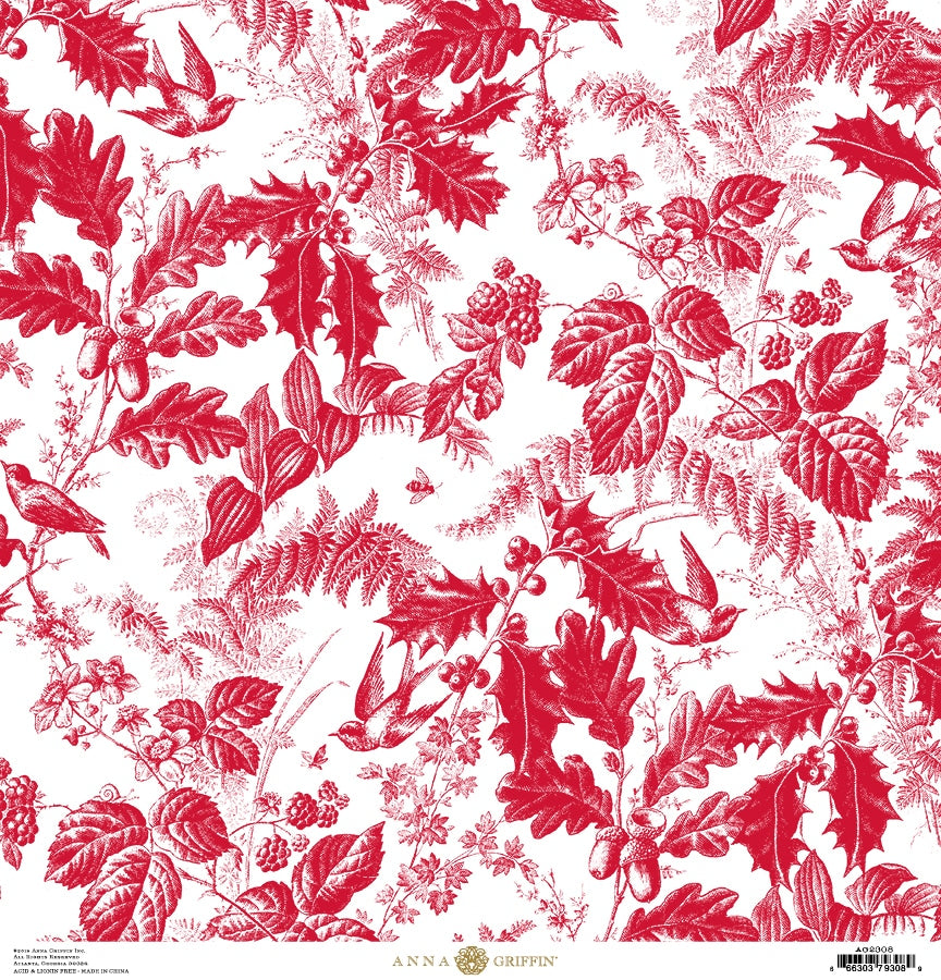 a red and white wallpaper with leaves and berries.