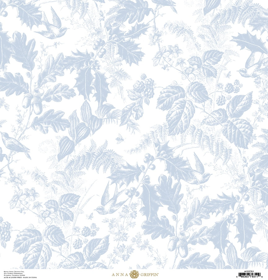 a blue and white wallpaper with leaves and flowers.