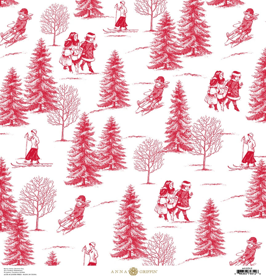 a red and white pattern of people skiing in the snow.