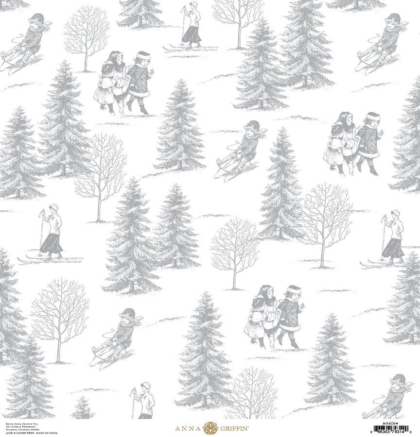 a drawing of people walking through a snowy forest.