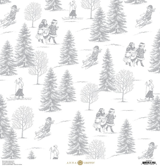 a drawing of people walking through a snowy forest.