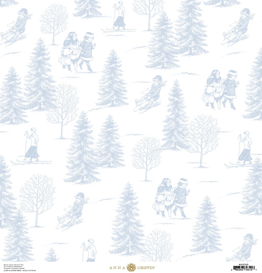 a blue and white wallpaper with trees and people.