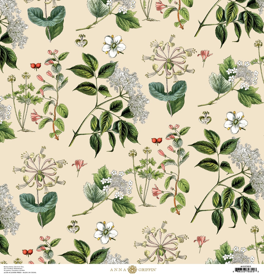 a pattern of flowers and leaves on a beige background.