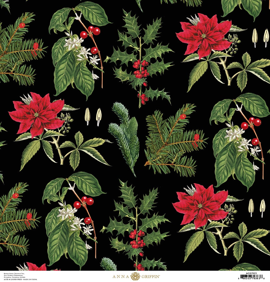 a black background with red flowers and green leaves.