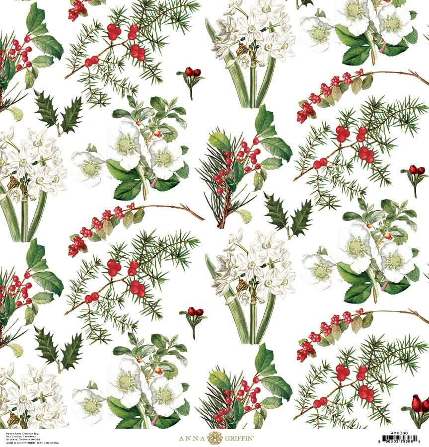 a pattern of white flowers and green leaves on a white background.